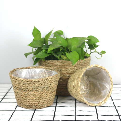 Cattail woven flowerpot potted straw flower basket indoor and outdoor home decoration container plant basket ornaments woven basket