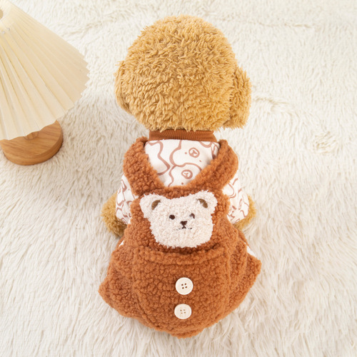 Small Dog Clothes Autumn/Winter Thick Version Small Cat Clothes Velvet Small Bear Pocket Belting Pants Winter Version Double Layer Thick Clothes
