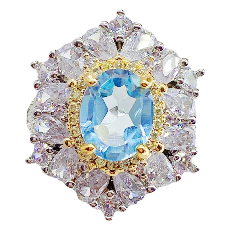 3 Karat Natural Sky Blue Topaz Ring Women's Shake Voice Live Base BIC Detection Color Treasure Opening Ring