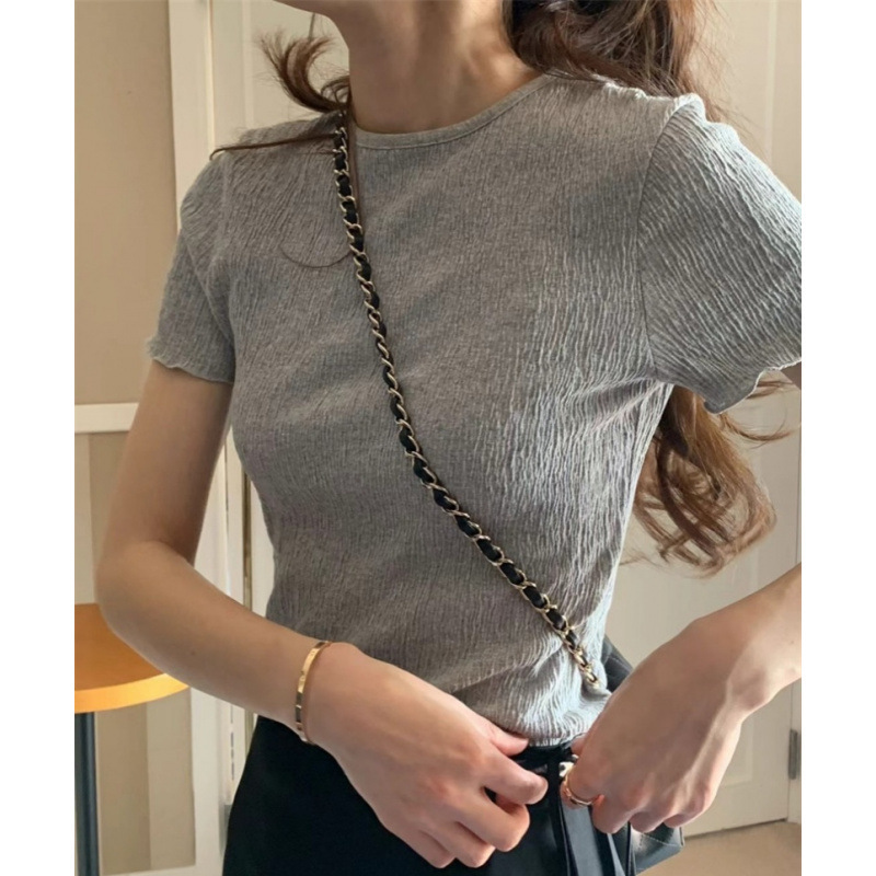 Korean 2026 Summer New Fashion Stylish Pleated Versatile Solid Color Slimming Round Neck Short-Sleeve T-Shirt Women's Top