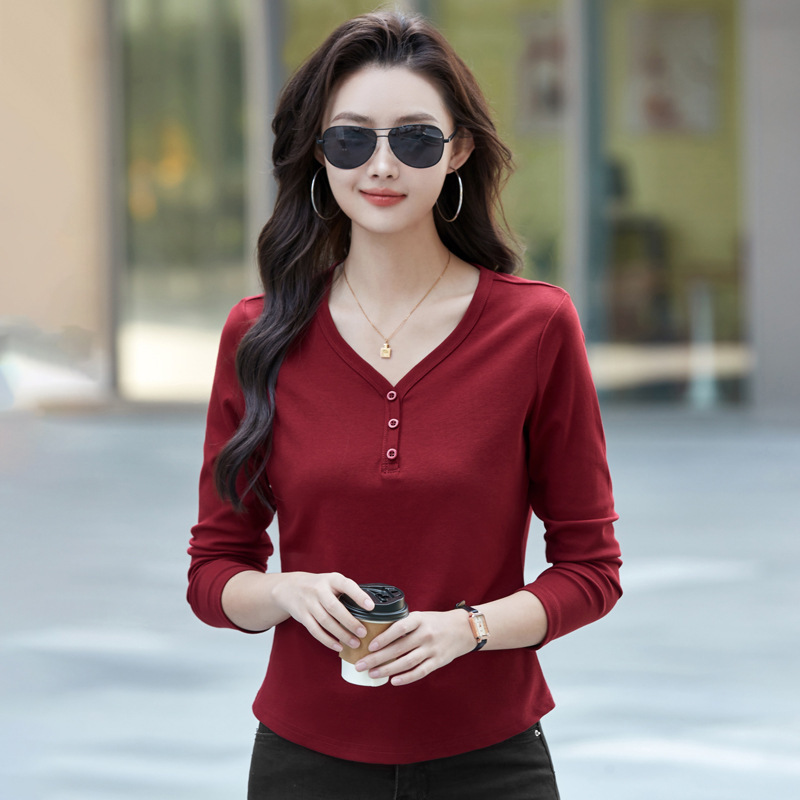 480 Autumn and Winter New Long Sleeve Solid Color Slim Base Shirt V-Neck Explosions Outer Wear Western Style Red Top Women's T-Shirt