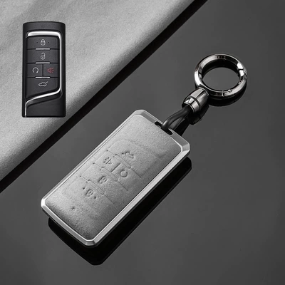 Suitable for 24 GAC Trumpchi — Car key bag - trumpchi-a-horn-tarnish-aluminum-alloy-light-gray-suede-convenient-buckle