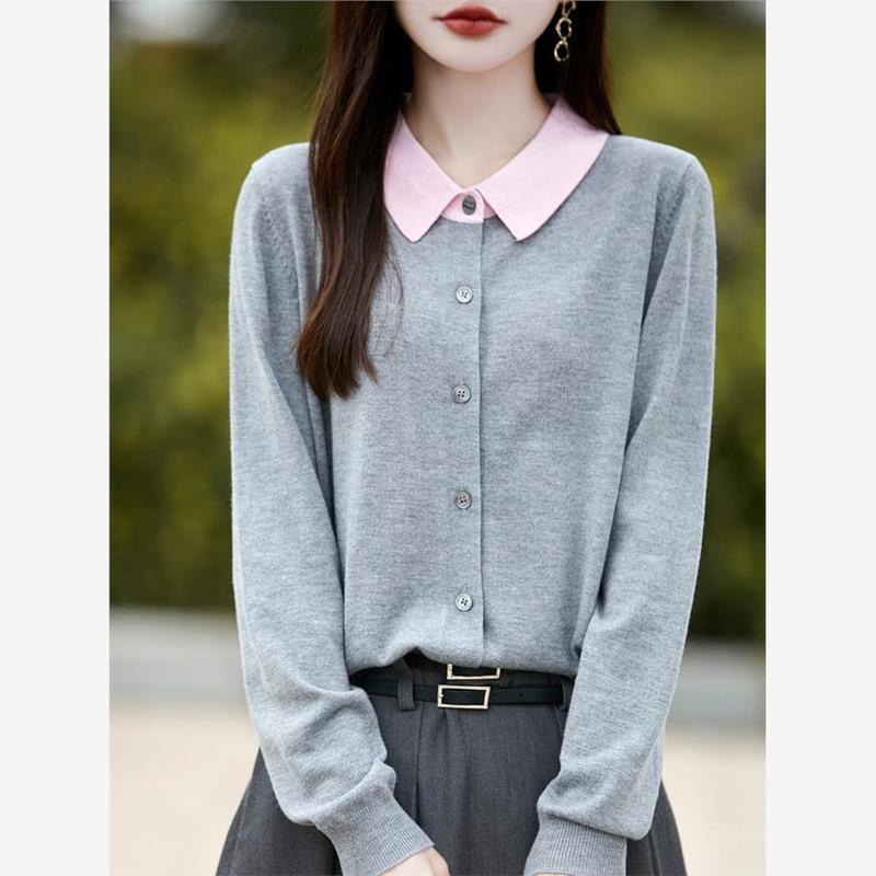 polo领女长袖针织开衫灰色衬衣时尚保暖打底上衣2025新款精纺毛衫|undefined