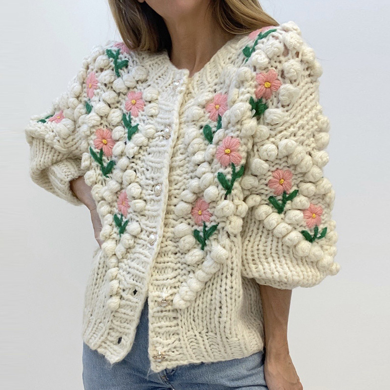 Europeo y americano transfronterizo Amazon otoño e invierno nuevo bordado de ganchillo hecho a mano torcedura perla hebilla suéter de punto cardigan abrigo