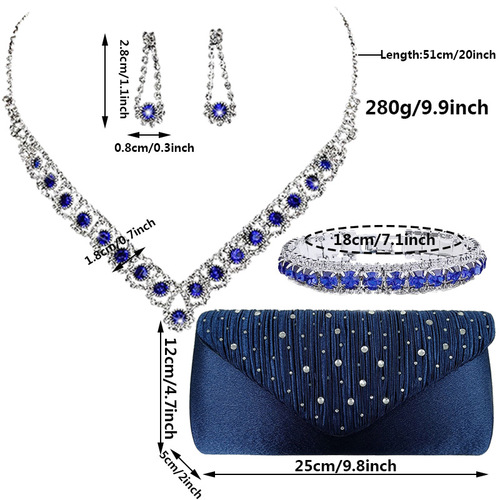 European and American bride jewelry set of four pieces blue zircon necklace earrings bracelet satin heat diamond clutch evening bag 