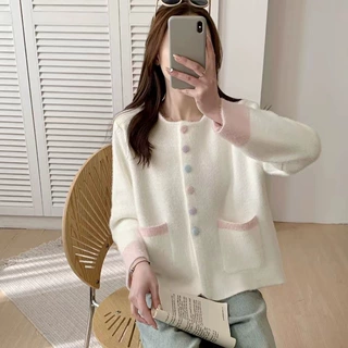 2026新款小香风彩色纽扣毛衣外套女秋冬甜美仿水貂绒针织开衫上衣