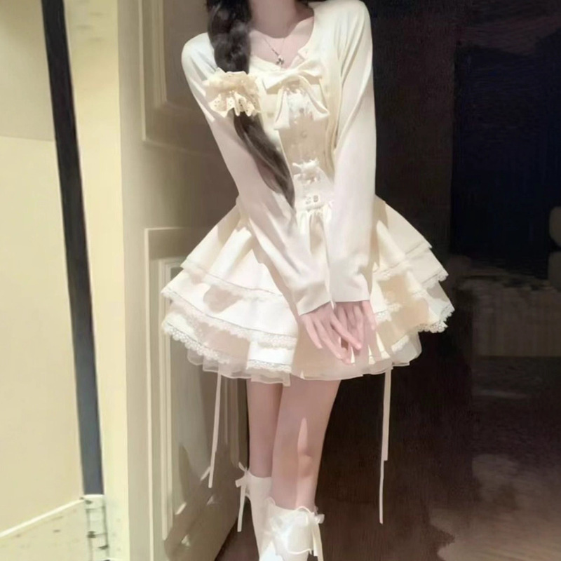 Autumn New Style Petite Pure Desire Style High-End Outer Cardigan Cake Puffy Dress Two-Piece Set