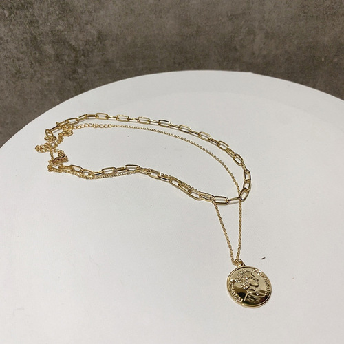 Japanese and Korean-style accessories, niche golden multi-layer stacking coin necklace for women, simple and elegant, versatile, clavicle chain
