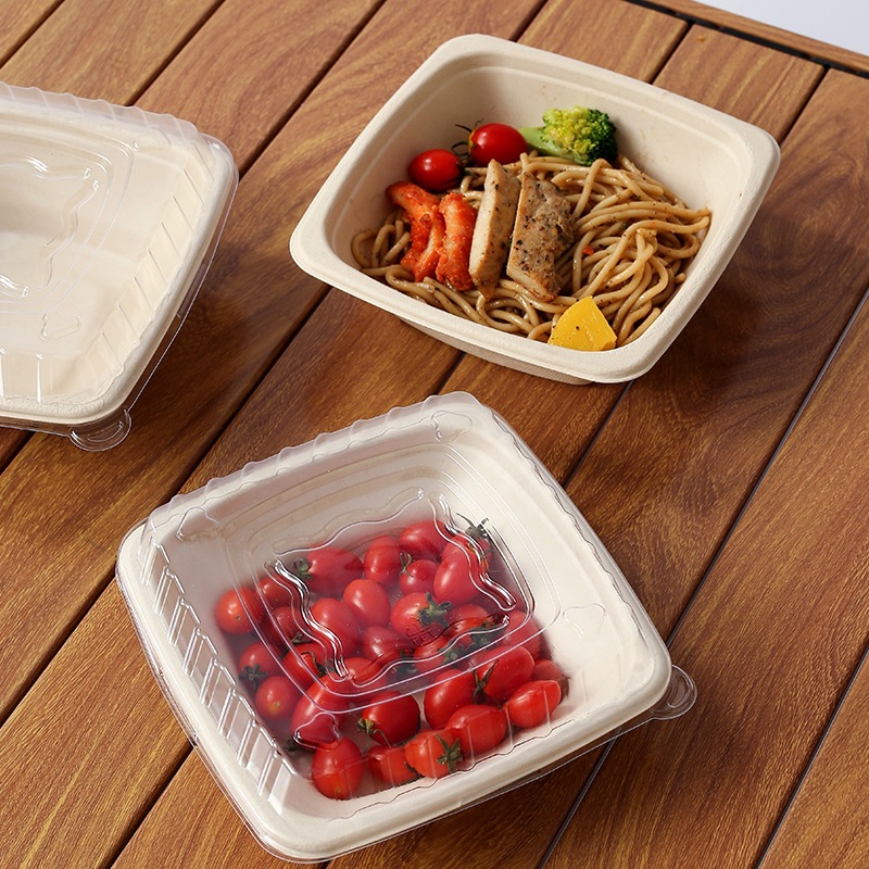 Caja de comedor de pulpa, caja de embalaje desechable, comida ligera para llevar, ensalada, sopa, fideos, tazón cuadrado, cubiertos degradables 750 ~ 1200ml