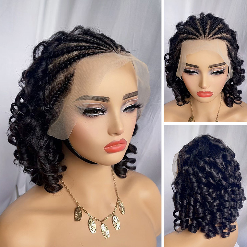 Europe and the United States cross-border full real hair women's wig headgear 13X4 front lace braid Roman roll short curled African foreign trade