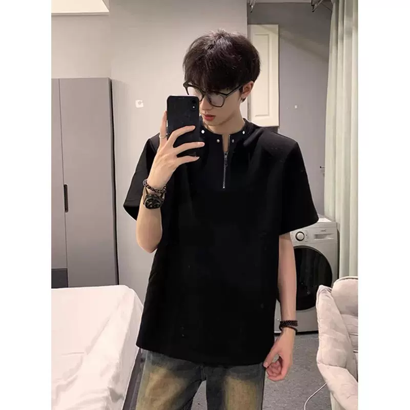 高级感半拉链垫肩t恤男cleanfit短袖美式高街铆钉设计感半袖上衣