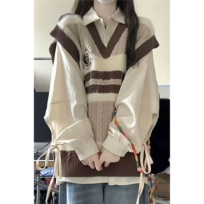 两件套装/春秋季新款日系甜美学院风撞色v领针织马甲背心女长衬衫|undefined