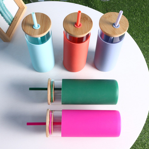 New Creative Water Cup Macaron Color Straw Cup Student Outdoor Water Cup Silicone Sleeve Insulated Glass Cup
