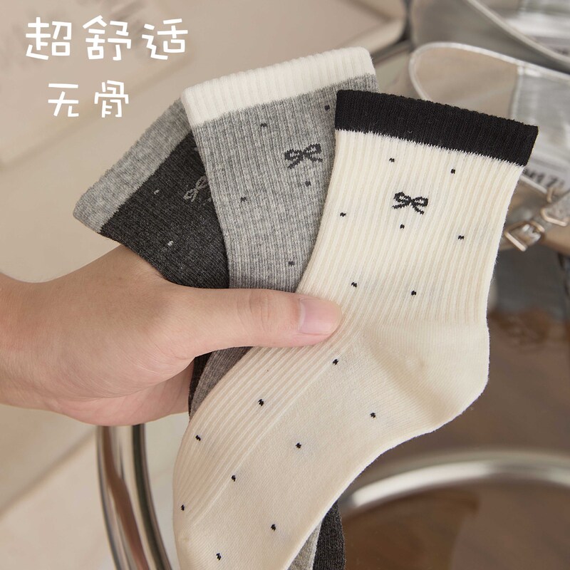 Women's seamless Japanese-style polka dot bow mid-tube cotton socks, color-blocking ribbed versatile student socks, breathable Women's seamless Japanese-style polka dot bow mid-tube cotton socks, color-blocking ribbed versatile student socks, breathable