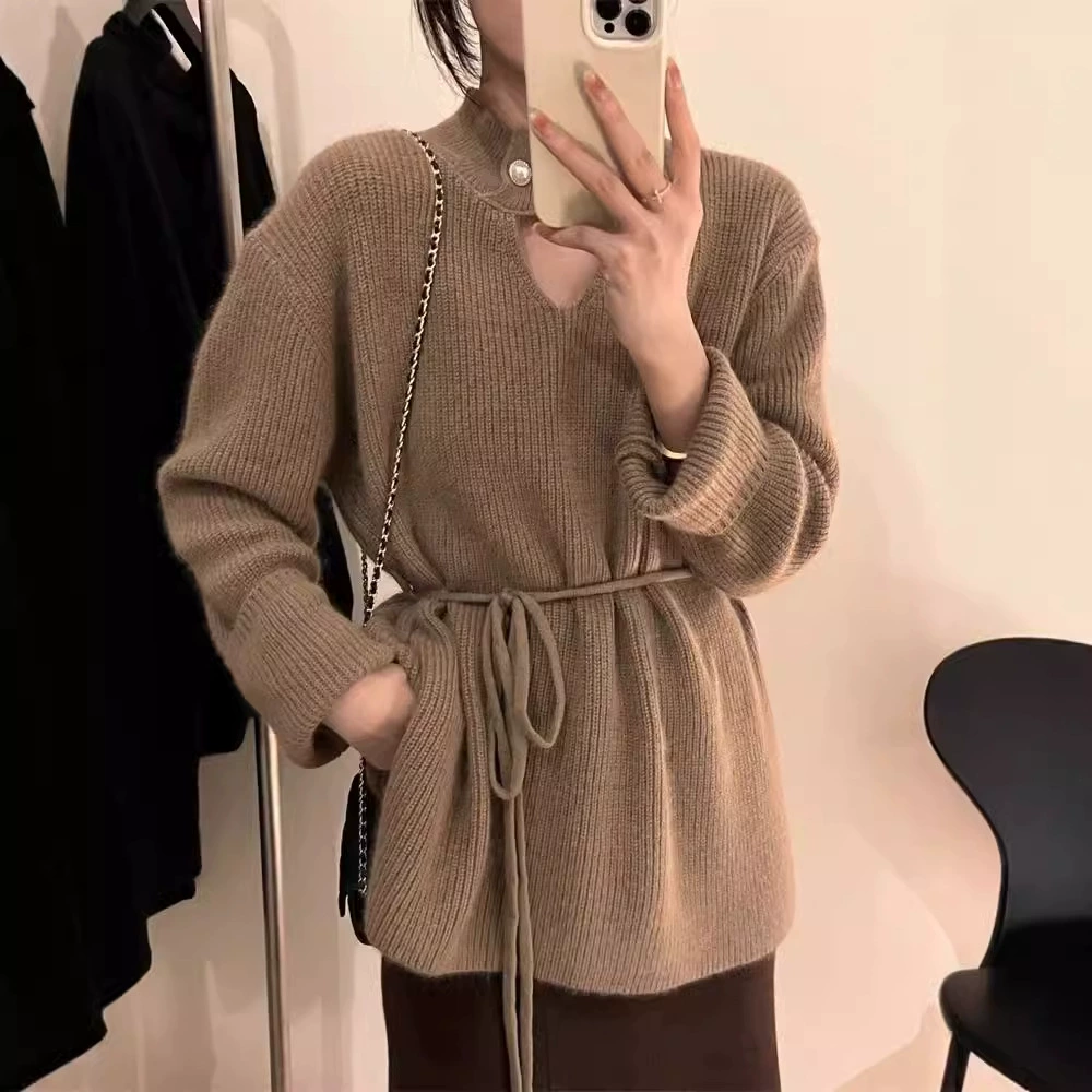 Демисезонный бархатный свитер, длинная knitted пояс, корейский стиль, средняя длина