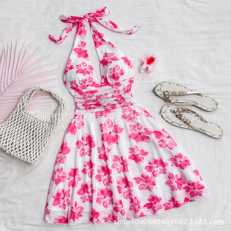 Women's Holiday Pink Floral Print V Neck Backless Waist Ruffled a Mini Dress