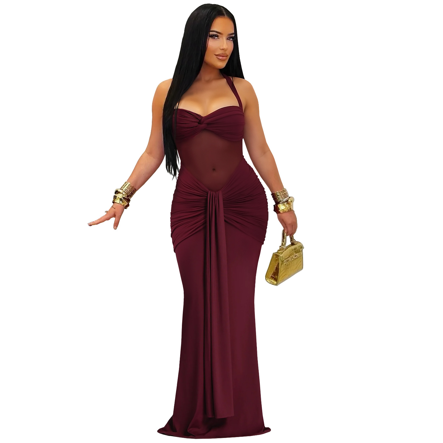 C7608 cross-border AliExpress Amazon Europa y América moda de mujer perspectiva sexy malla colgante correa de cuello vestido image 7