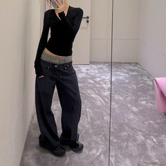 SUNONEON 设计感拼腰头直筒牛仔裤女秋季新丹宁原色休闲裤子