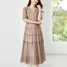 原创四季青女装工厂桑蚕丝连衣裙女夏季真丝蛋糕中长裙82497012