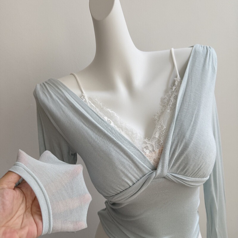 Tipsy Kelulu~French Mist Blue Lace Suspender Long-Sleeved Fake Two-Piece Top T-Shirt Soft Autumn and Winter Inner Wear