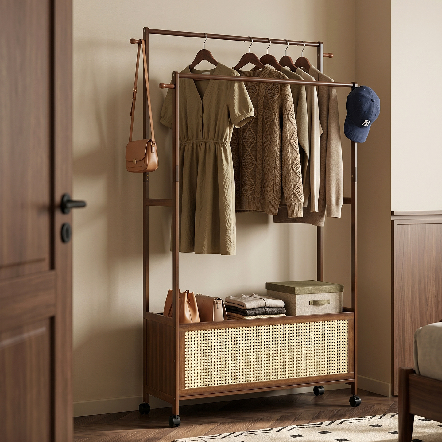 Bamboo Clothes Hanger Floor-Standing Household Clothes Rack Bedroom Coat Rack Indoor Clothes Rack Wooden Simple Clothes Drying Rack