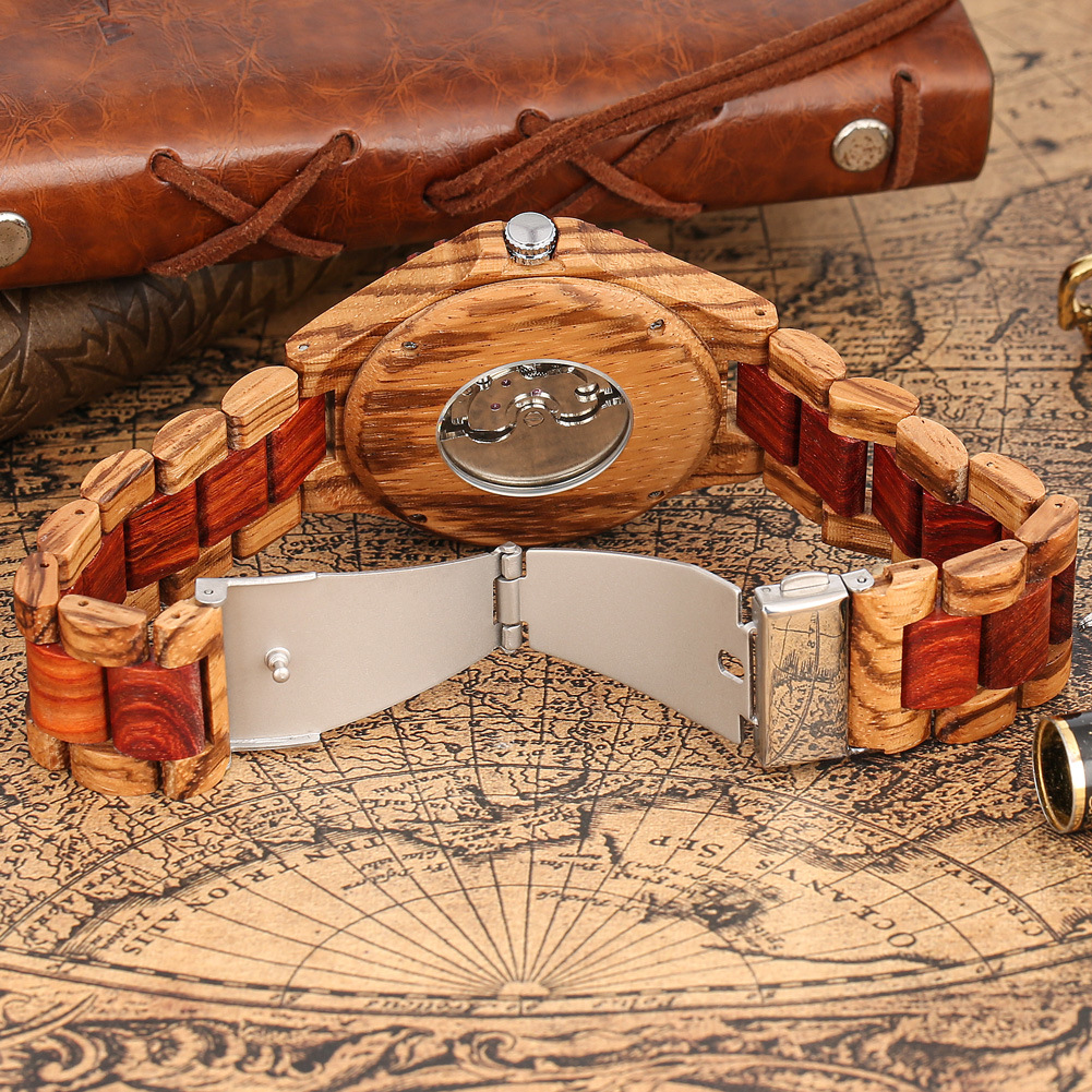 Automatic Mechanical Watch Men Zebra Wood Red Sandalwood Skeleton_voghion.com