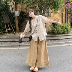 クロスボーダー大きいサイズ婦人服少し太ったmm日本文学刺繍レース襟半袖シャツレイヤードワイドレッグパンツ2