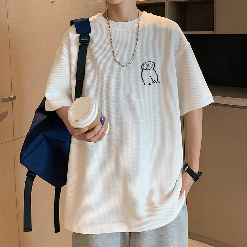 Waffle manga corta hombres marca de moda japonés verano camiseta oversize Ruan guapo simple fresco ropa pesada