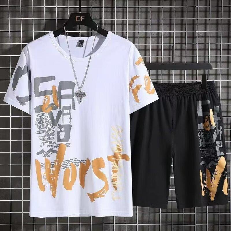 2025 juego deportivo delgado de tamaño grande en stock de verano hombre gordo cuello redondo verano coreano manga corta pantalones cortos casuales negros