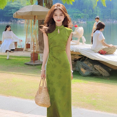 新中式国风长裙女2025夏季收腰显瘦复古风提花立领开叉旗袍连衣裙