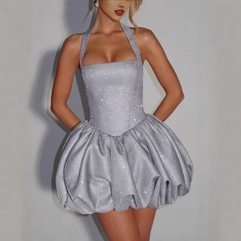 Cross-Border Sexy Temperament Halterneck Glitter Gold Dress Women's New Fashion Street Slim Sequin Tutu Skirt