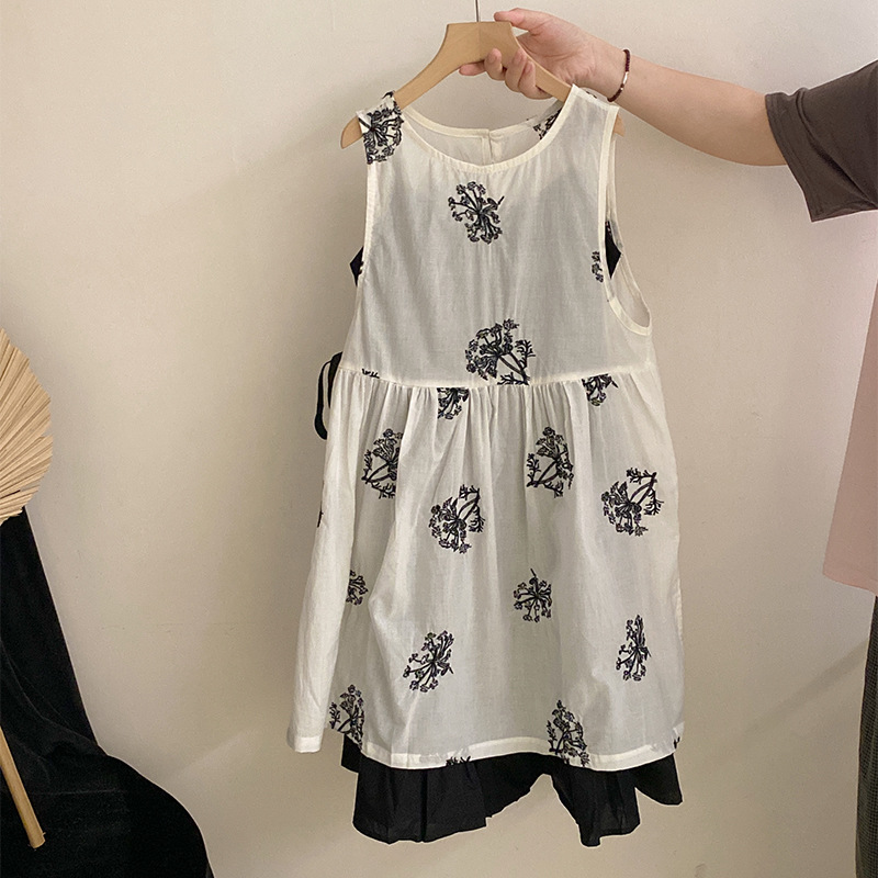 Korean Style Girl's Summer New All-match Flower dress 2025 All-match Solid Color Sling Casual Long Dress Two-piece Set