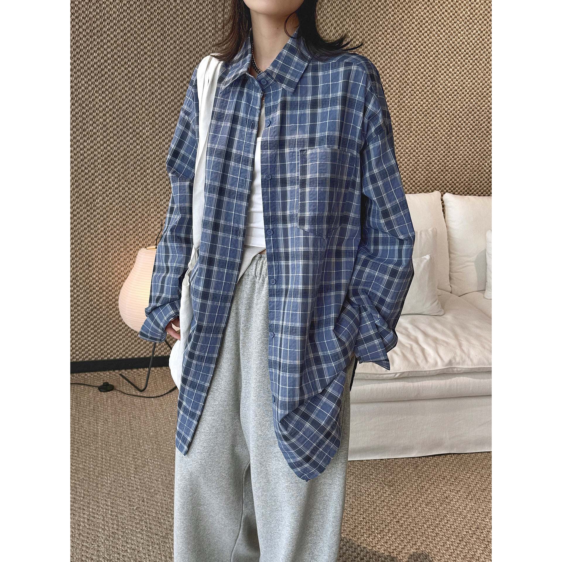 Louvre Summer New Korean Retro Commuter Style Color Block Plaid Patch Pocket Shirt Single-Breasted Loose Top for Women