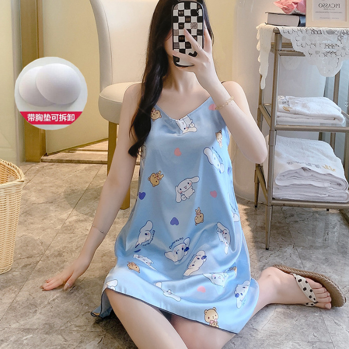 2024 pijama de verano cinta de simulación cojín de pecho delgado de dibujos animados sexy vestido de pijama de ropa de casa de mujer vestido unificado