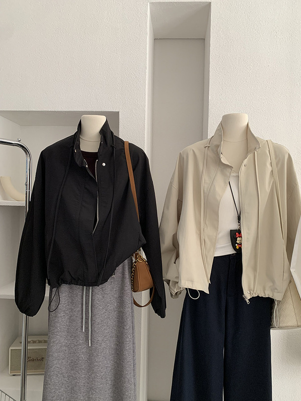欧玛莱 立领下摆抽绳冲锋衣夹克宽松百搭休闲长袖外套上衣女 4697|undefined