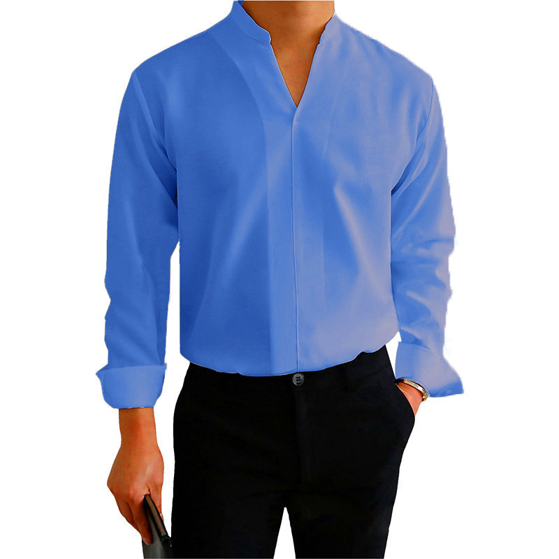 New 2022 Summer Casual Shirt Men's Solid Color No-Iron Pullover Long Sleeve 18-50 Stand Collar Men's Shirt