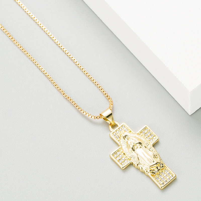 retro Virgin Mary cross pendant copper inlaid zircon necklace