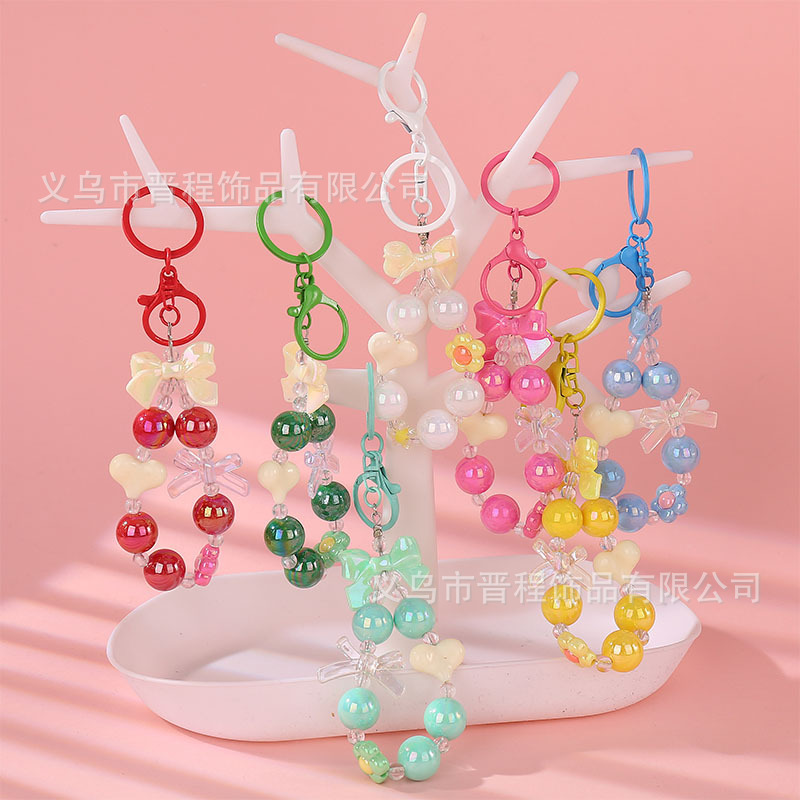 in stock small fresh candy color beaded keychain diy bow love flower mobile phone chain bag pendant
