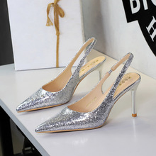 312-19 European and American style sealed sequins sexy nightclub goddess high-heeled shoes with pointed shallow mouth and empty back strap single shoe