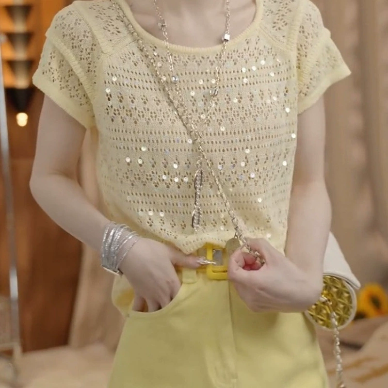 Дизайнерская прочная блестящая трикотажная рубашка с круглым вырезом и пайетками для женщин, летняя тонкая повседневная блестящая рубашка с короткими рукавами