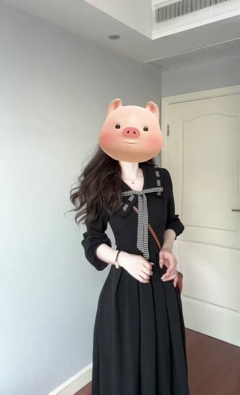 法式连衣裙女2025秋冬新款黑色娃娃领蝴蝶结绑带气质长裙|undefined