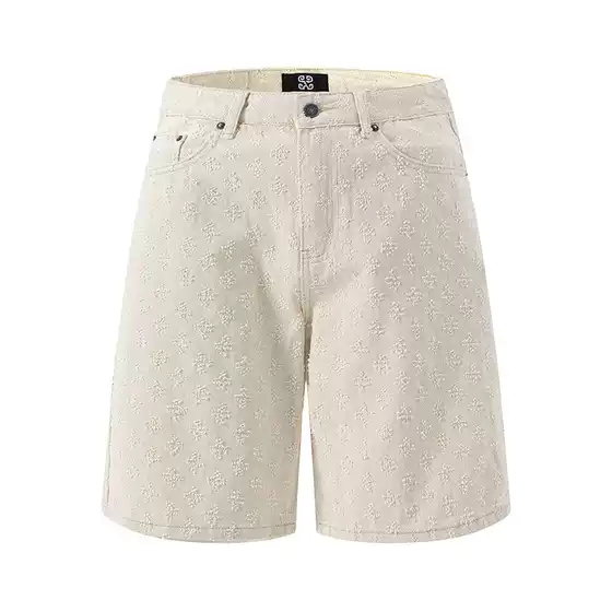American High Street Washed Jacquard Five-Point Pants Men's Shorts Ripped Jeans Men's Loose Large Size Wide Leg Pants Trendy