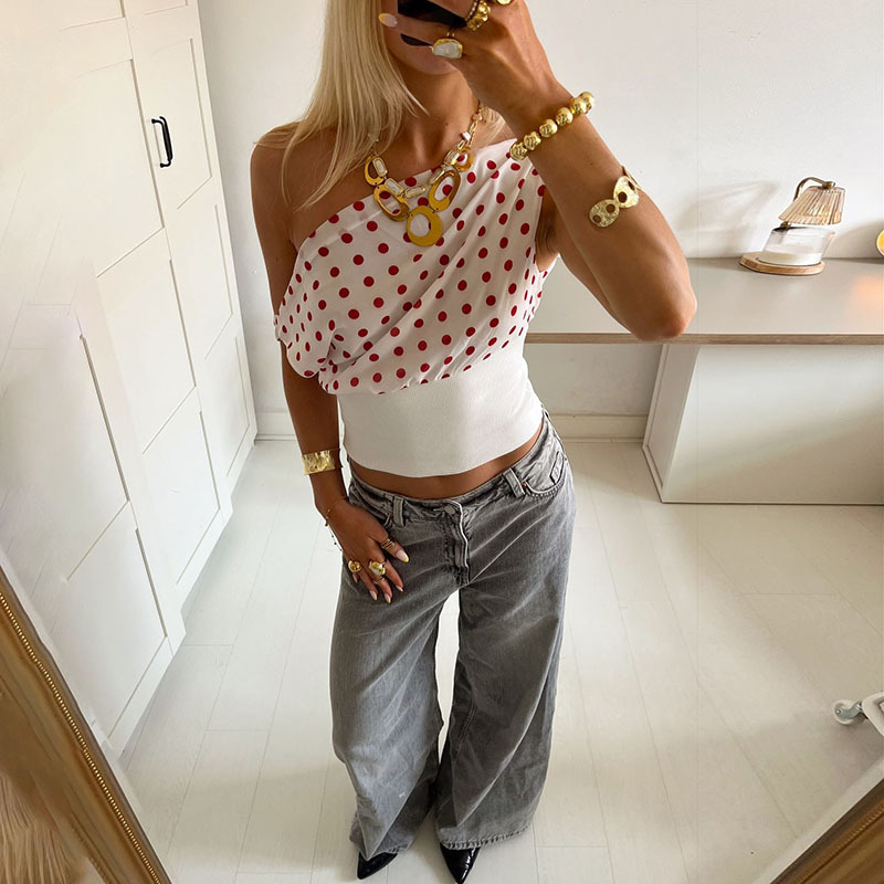 Haut d'été pour femmes, style rétro, doux, pois, sexy, asymétrique, épaule dénudée, taille courte 10 O1CN01wmlLRi2JpmBnJXIx4 !!2218239519471 0 cib