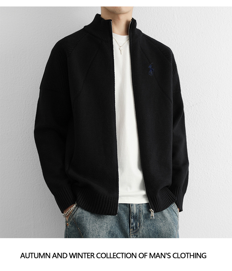 Gilet cardigan homme à double fermeture éclair, logo équitation tendance, col montant, maille haut de gamme, style business_voghion.com