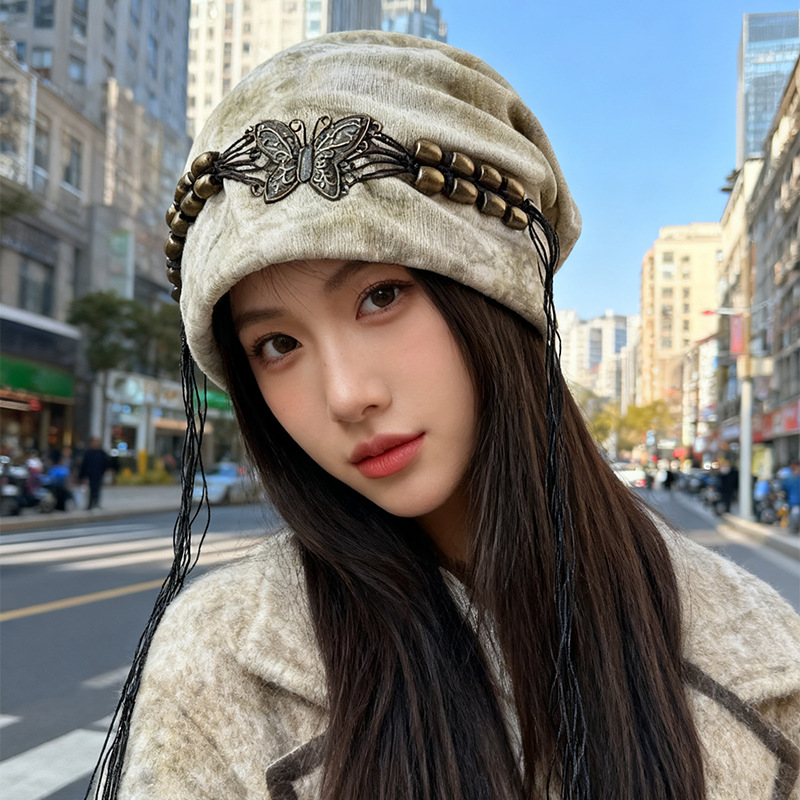秋冬新款扎染流苏帽子女复古包头冷帽大头围显脸小网红蝴蝶堆堆帽|undefined