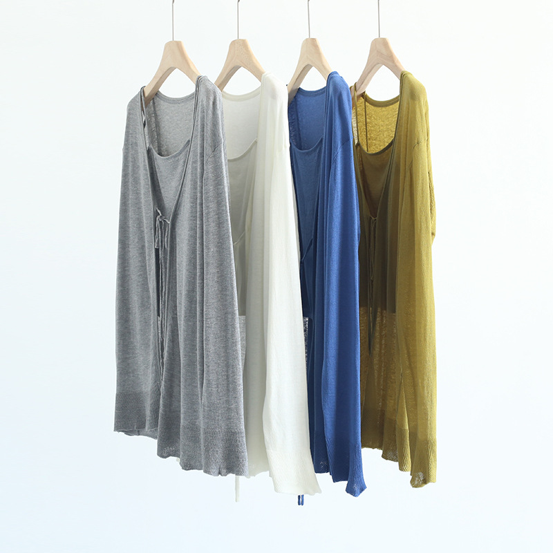 早春高级松弛感气质天爽亚麻针织长袖开衫吊带背心内搭两件套装女