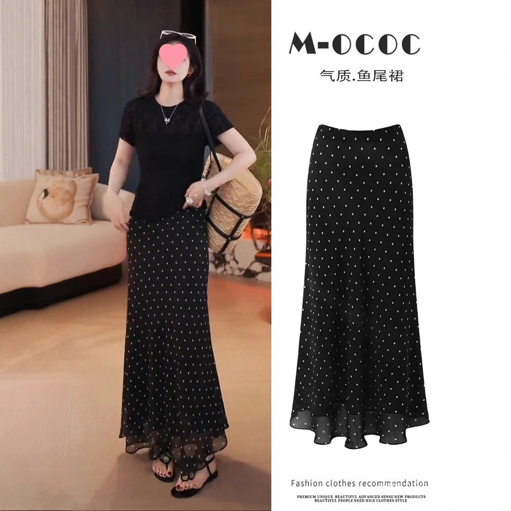 Polka Dot Fishtail Skirt Women's Skirt 2025 Summer New Mid-Length Retro Hong Kong Style Hip-Covering High-Waisted Chiffon Long Skirt