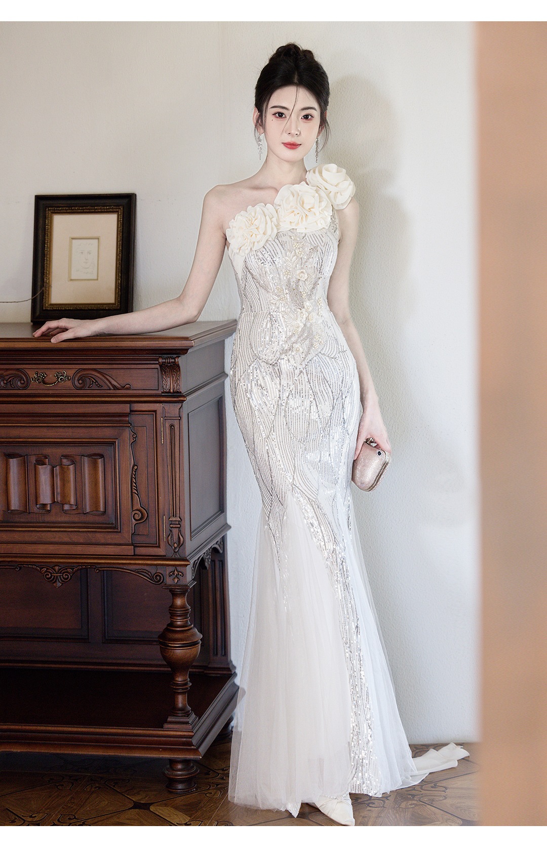 Luxury Mermaid Tail Evening Gown One Shoulder Niche Banquet Host Art Exam Temperament Singer Conductor Runway Show Costume Women's Wedding Party Wear_ecoleips.com