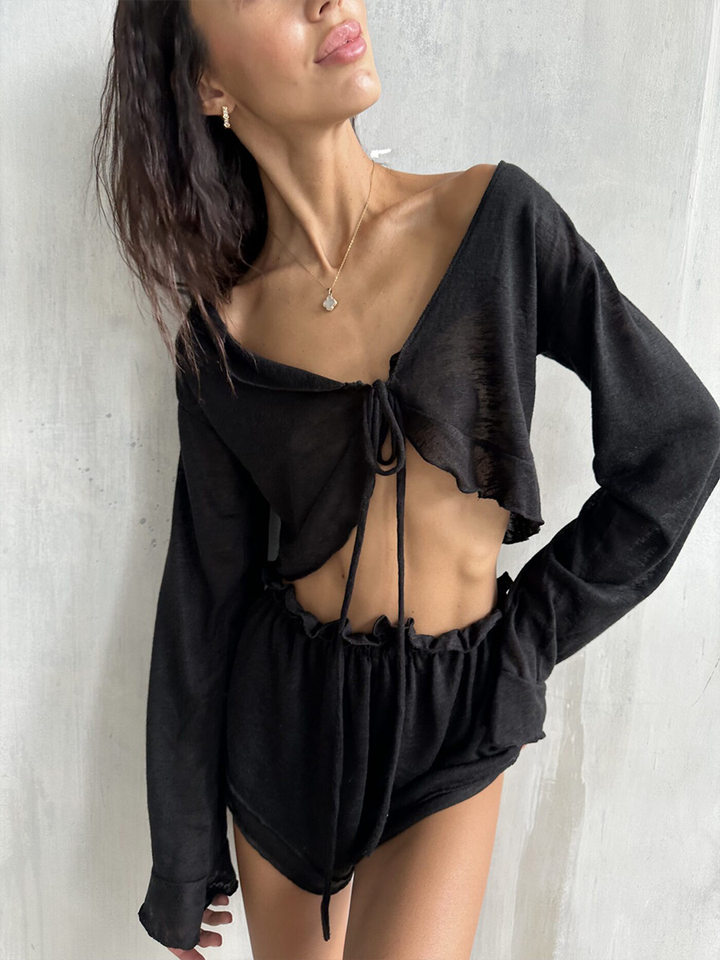 Bộ đồ ngủ nữ áo cardigan thắt dây kèm quần short dệt kim mặc nhà thoải mái — Màu trắng, Màu đen chi tiết 38