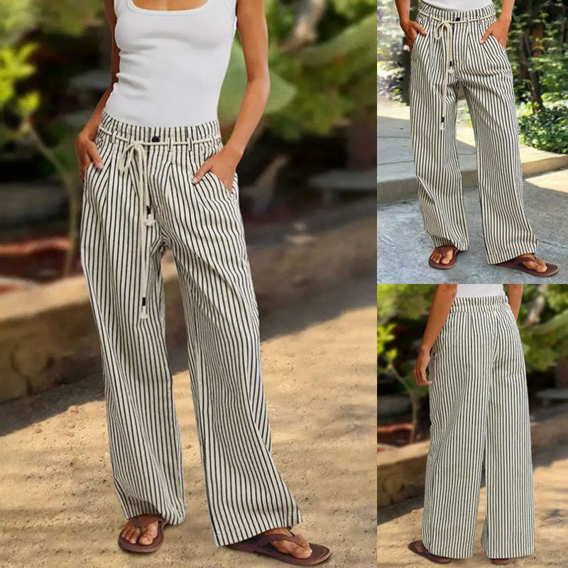 European and American Autum Women's Pants, Fashionable Stripesd Printed Casual Pants, Comfortable and Adjustable Straight Pants